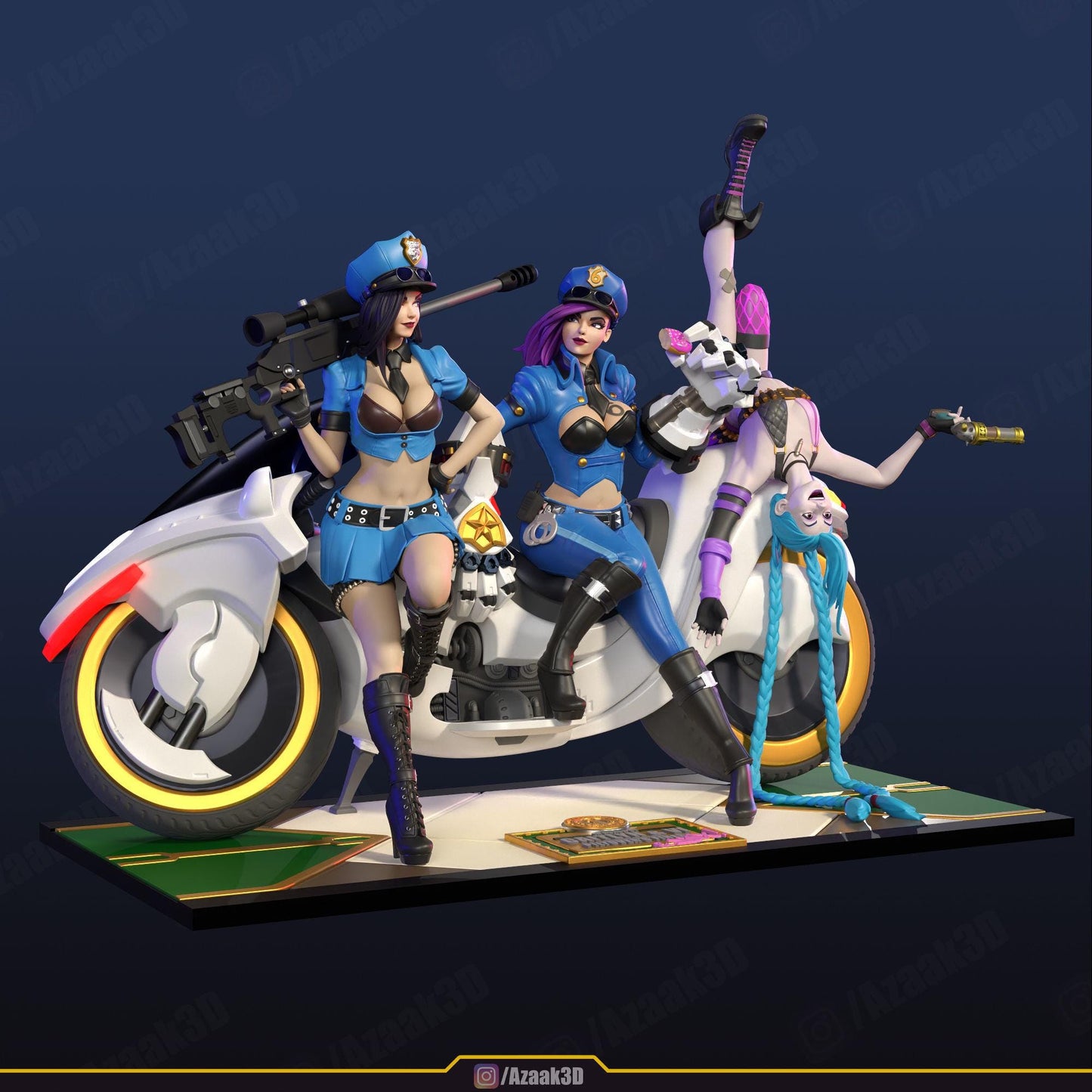 League of legens Inspired Police Girls Figurine | 3D Printed Trio Model with Motorcycle | Gaming Collectible Statue | Gamer Gift | Unpainted
