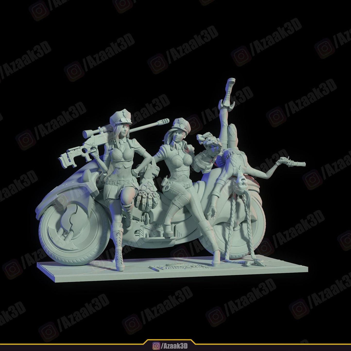 League of legens Inspired Police Girls Figurine | 3D Printed Trio Model with Motorcycle | Gaming Collectible Statue | Gamer Gift | Unpainted