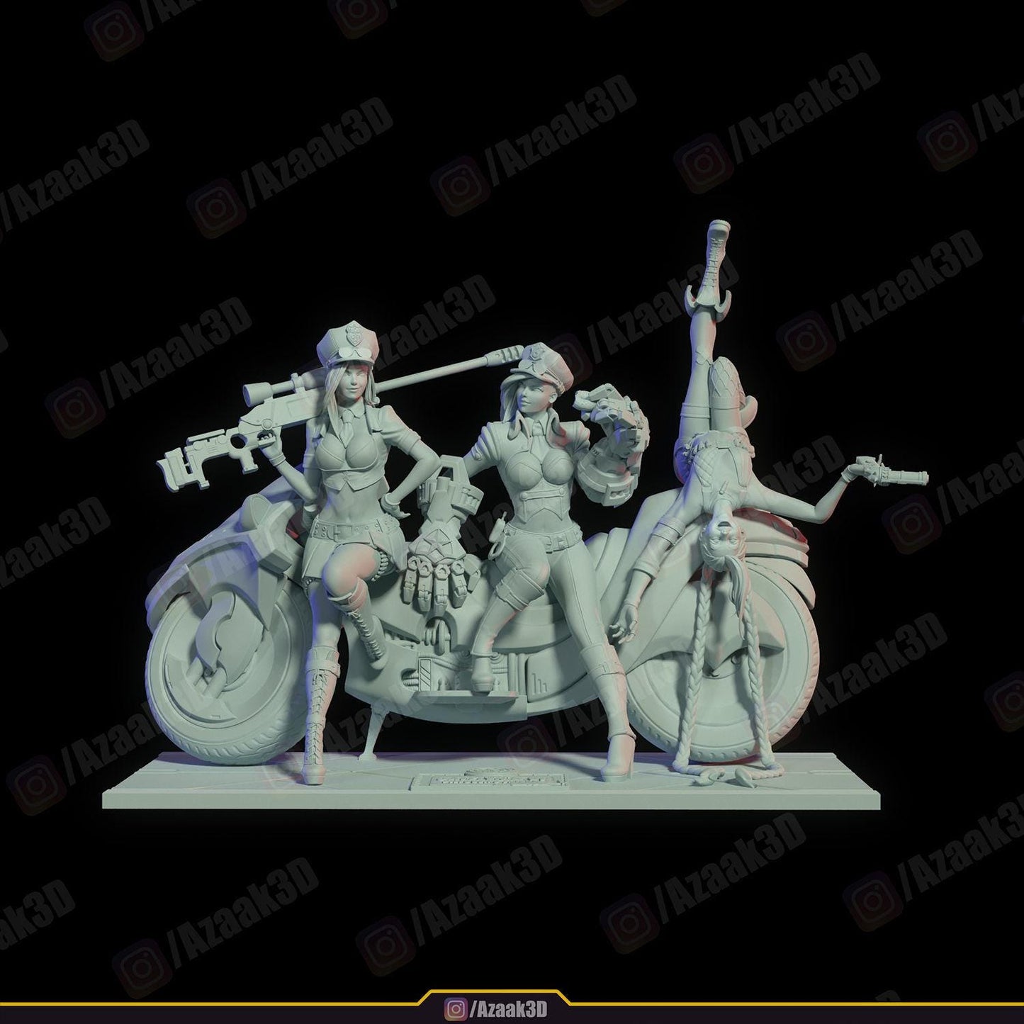 League of legens Inspired Police Girls Figurine | 3D Printed Trio Model with Motorcycle | Gaming Collectible Statue | Gamer Gift | Unpainted