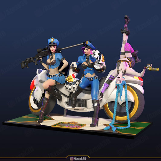 League of legens Inspired Police Girls Figurine | 3D Printed Trio Model with Motorcycle | Gaming Collectible Statue | Gamer Gift | Unpainted