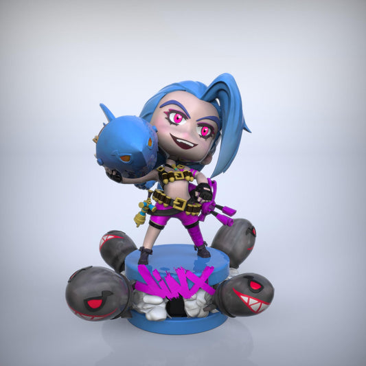 Chibi Jinx 3D Printed Figurine – Unpainted League of Legends TFT Fan Art – Cute Gamer Gift – 15cm to 25cm – Free Shipping + Gift